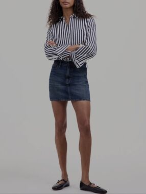 Madewell Navy Blue And White Striped Boxy Cropped Button Down Blouse